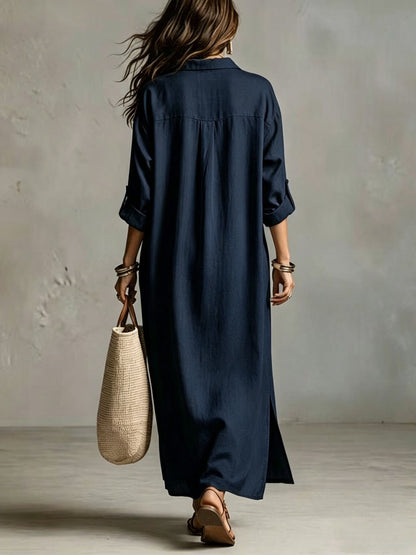 TERESITA | Vestido Camisero Largo con Escote en V y Bolsillos