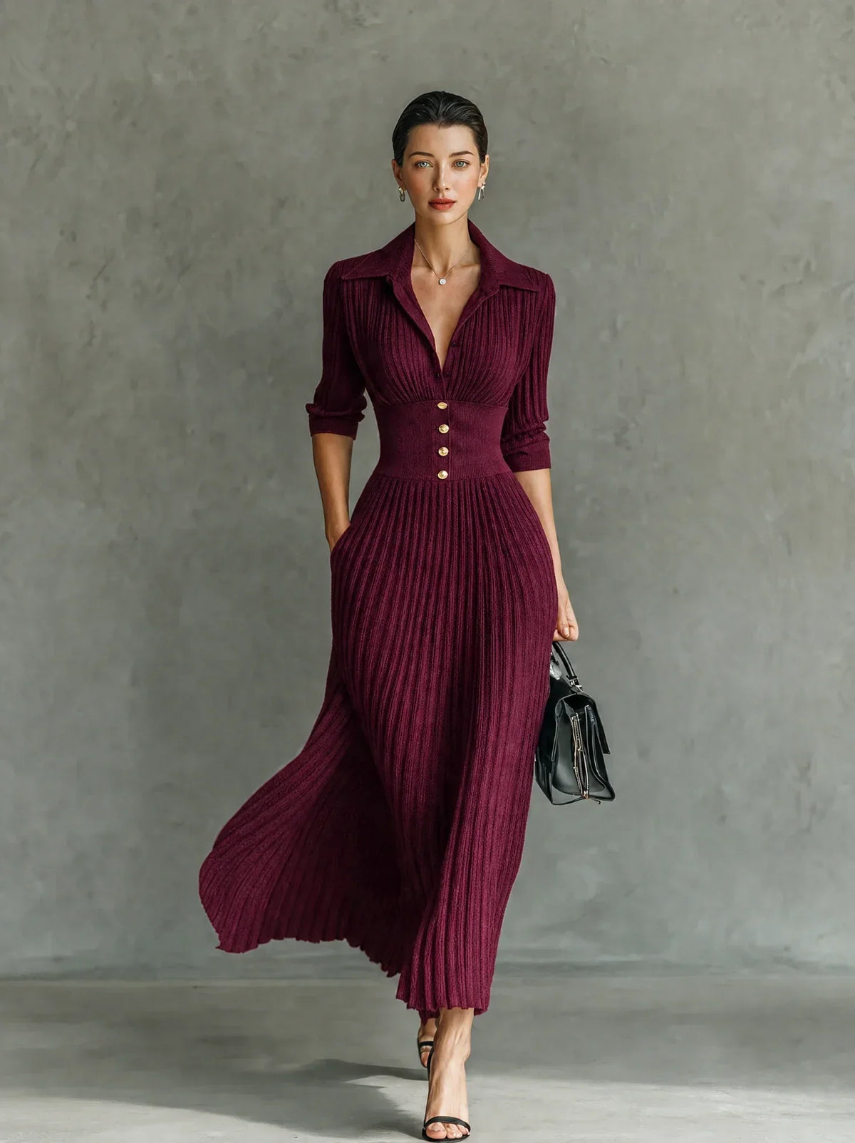 GALATEA | Vestido Largo Plisado con Solapas y Cinturón