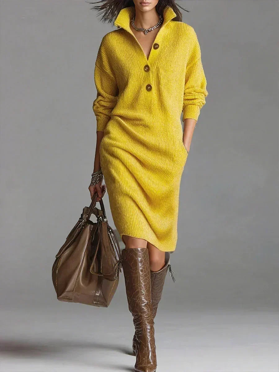 CORINA | Vestido Jersey de Canalé con Cuello Abotonado