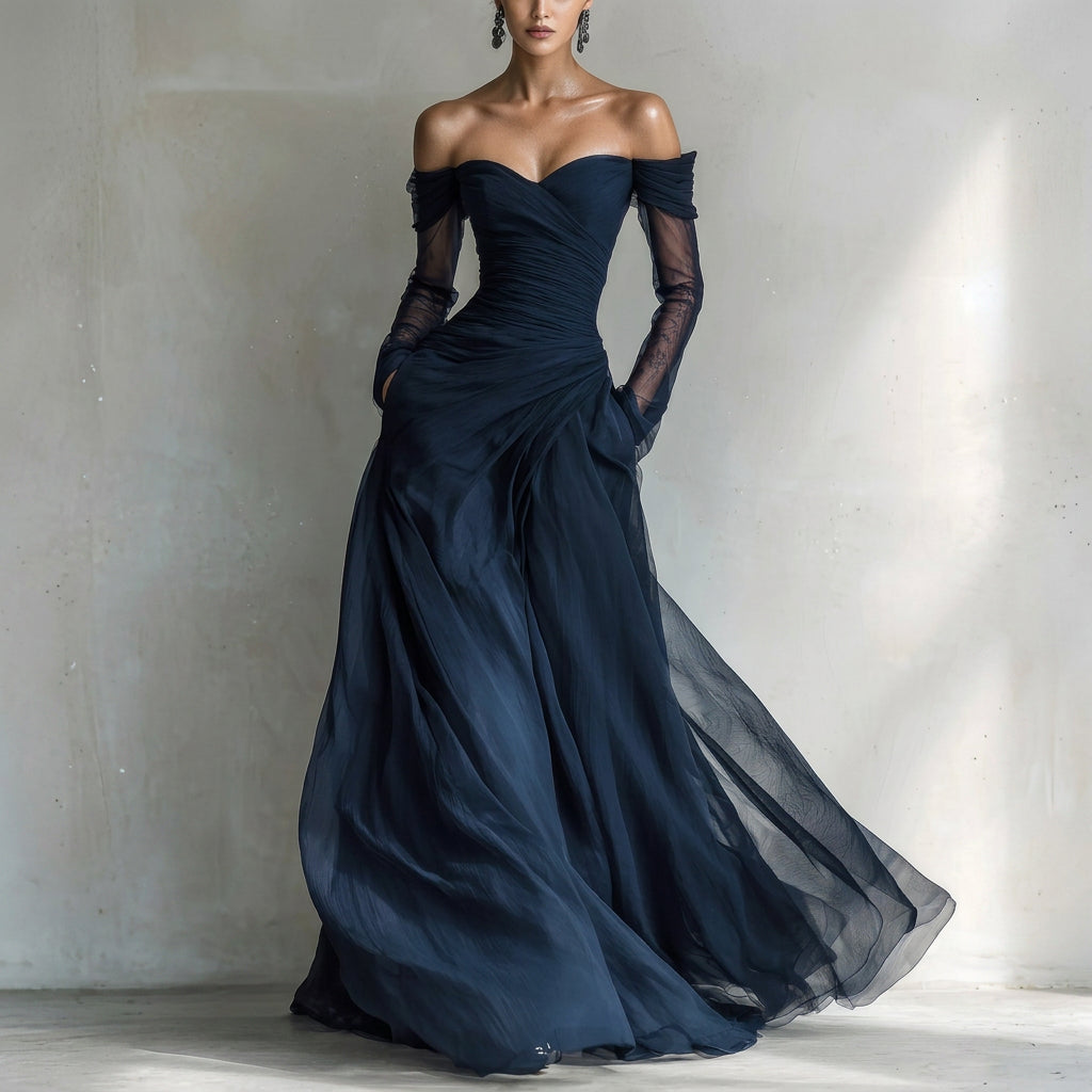 CELESTE | Vestido Largo de Hombros Descubiertos de Tul Azul Noche