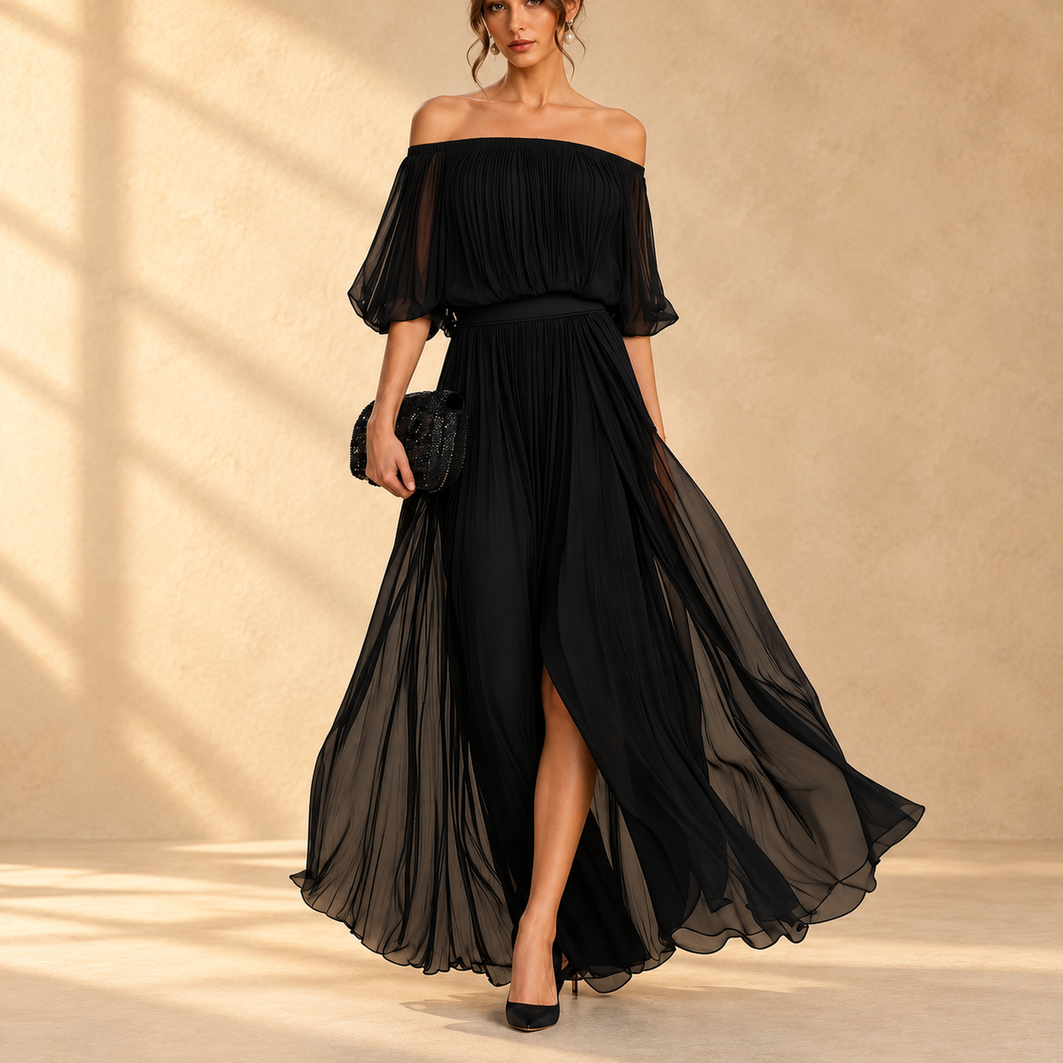 AINOA | Vestido Largo de Gasa con Hombros Descubiertos