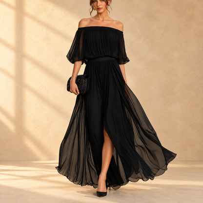 AINOA | Vestido Largo de Gasa con Hombros Descubiertos