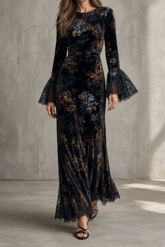 DALILA | Vestido Largo de Terciopelo de Flores con Mangas de Encaje
