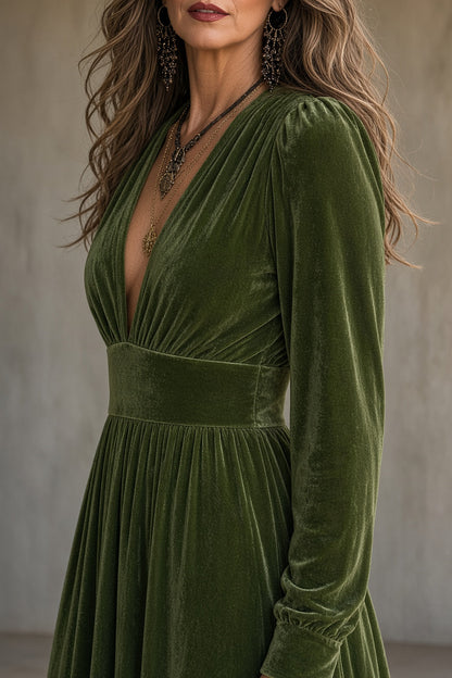 ÚRSULA | Vestido Largo de Terciopelo con Escote en V y Falda de Volante
