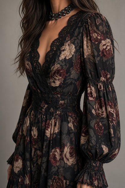 CLAUDINA | Vestido Largo Vintage de Flores con Escote Cruzado y Encaje