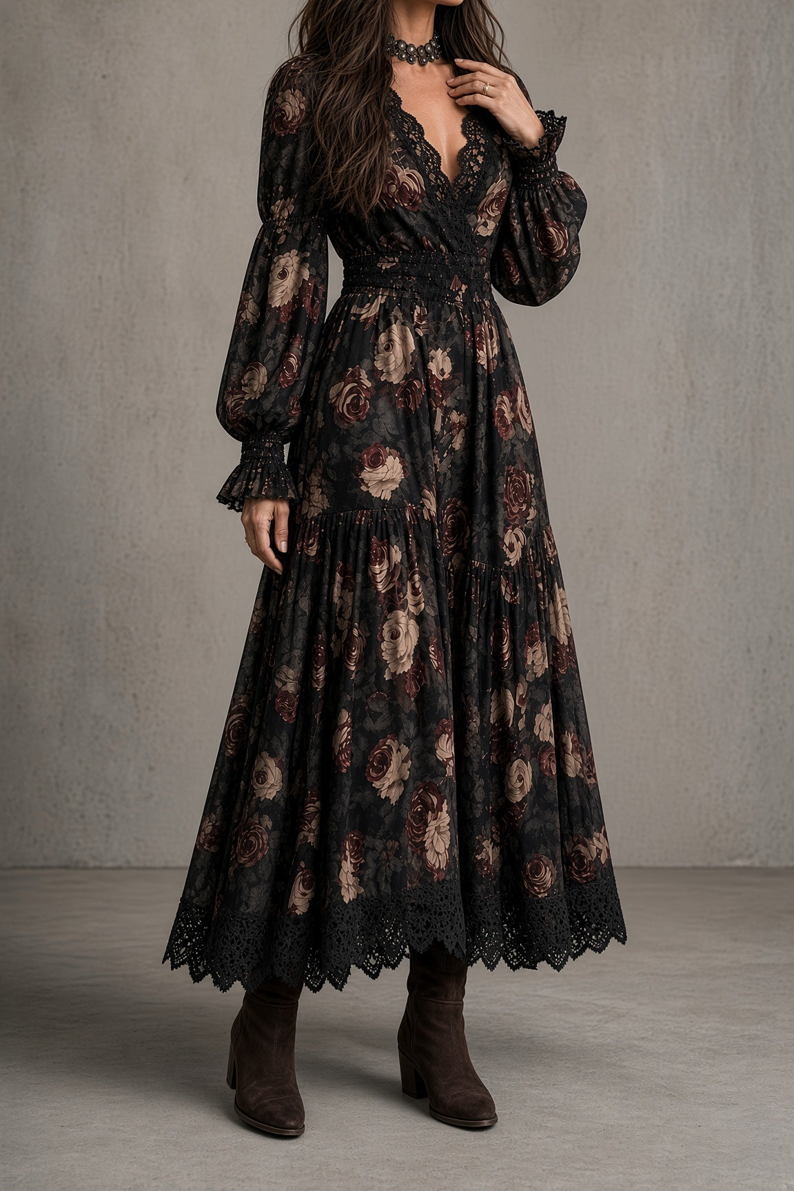CLAUDINA | Vestido Largo Vintage de Flores con Escote Cruzado y Encaje