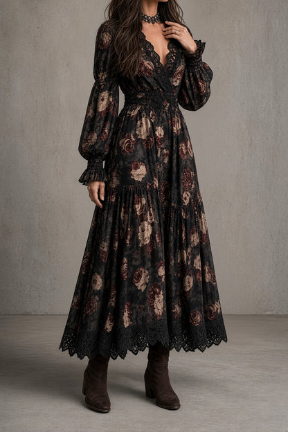 CLAUDINA | Vestido Largo Vintage de Flores con Escote Cruzado y Encaje