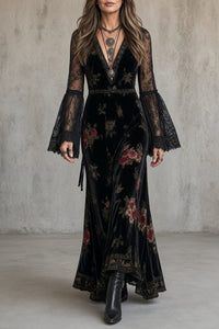 DEMETRIA | Vestido Largo de Terciopelo de Flores con Escote de Pico y Mangas de Encaje