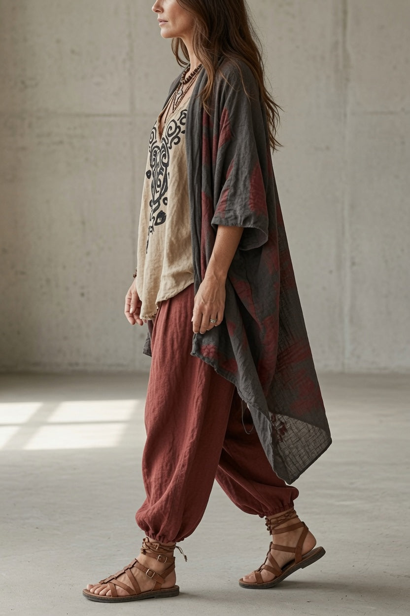 DOMITILA | Conjunto de Tres Piezas Top, Pantalón Harén y Cárdigan Abierto
