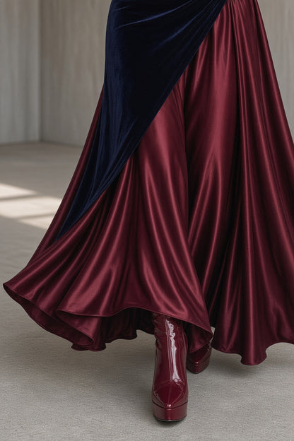 TELMA | Vestido Largo Bicolor de Terciopelo y Satén