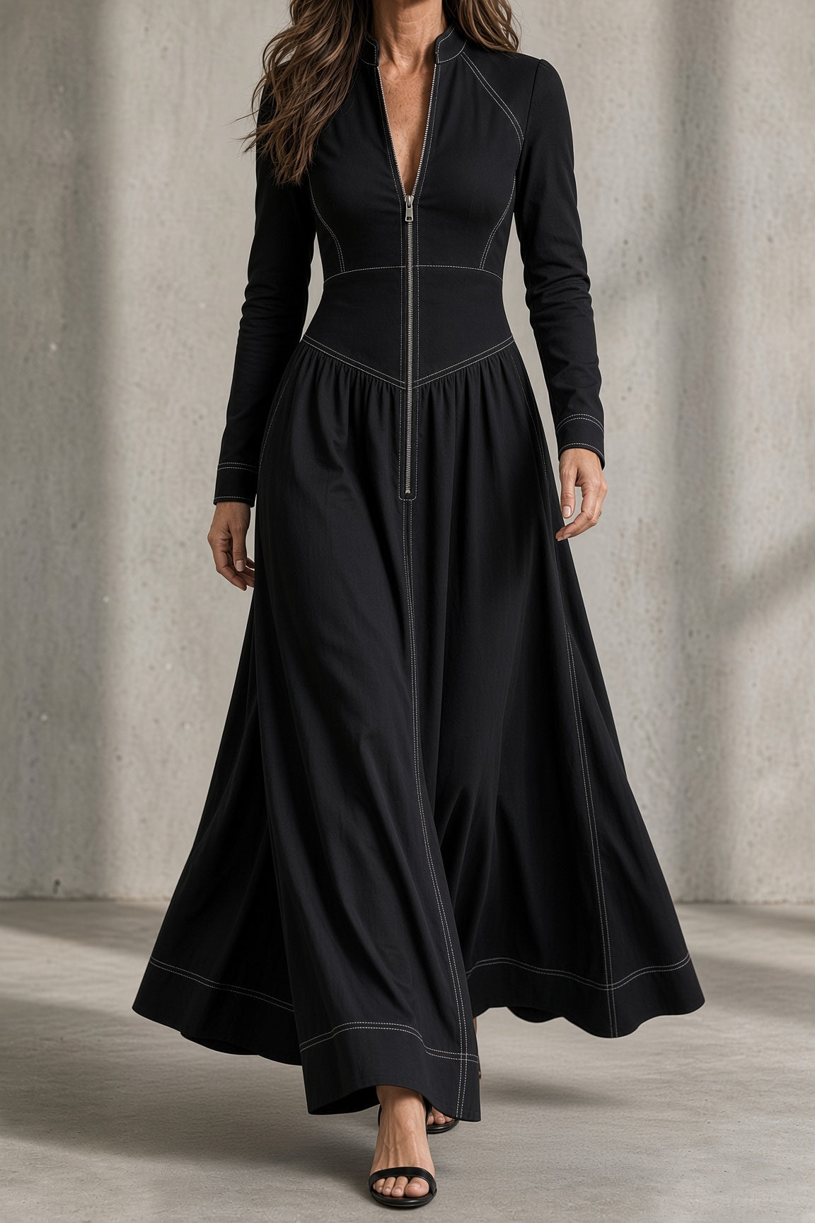 HEBE | Vestido Largo con Cremallera Frontal y Pespuntes en Contraste