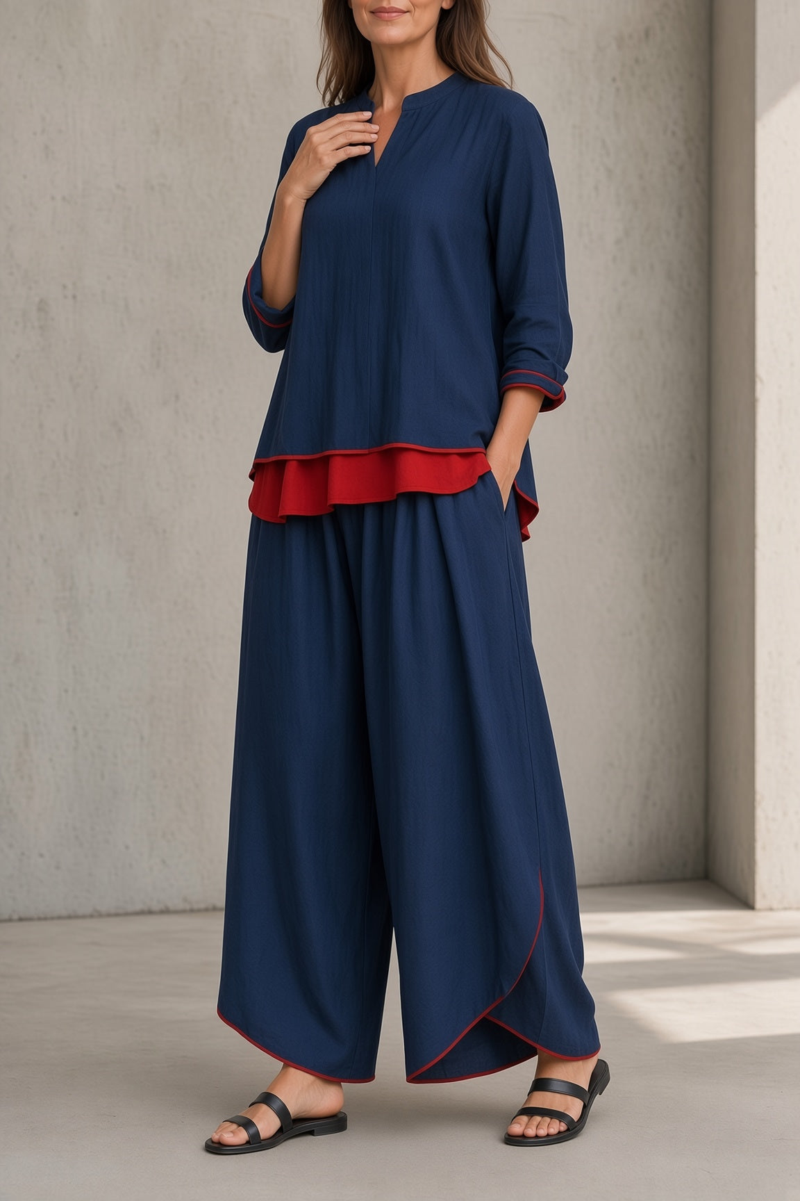 DOMINGA | Conjunto de Top y Pantalón Ancho con Ribetes en Contraste