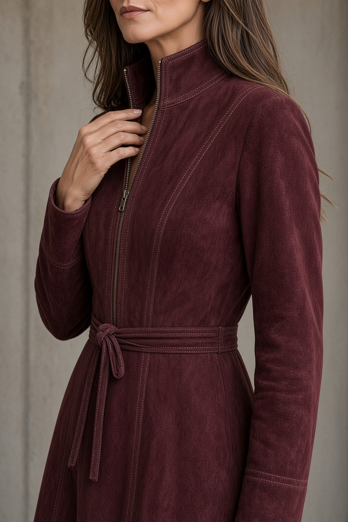 DESIRÉE | Vestido Midi Vintage con Cuello Alto, Cinturón y Costuras en Contraste