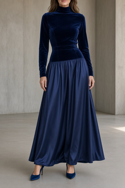 CELSA | Vestido Largo de Terciopelo Azul Noche con Cuello Alto