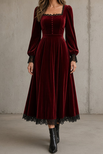 QUITERIA | Vestido Largo de Terciopelo con Escote Cuadrado y Encaje