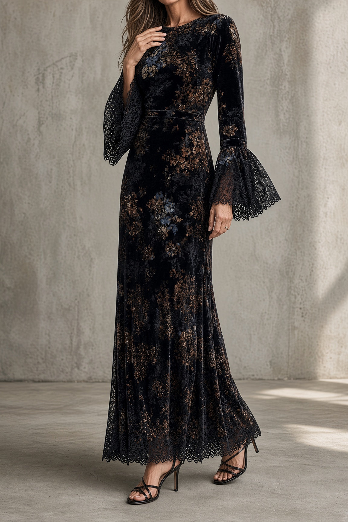 DALILA | Vestido Largo de Terciopelo de Flores con Mangas de Encaje