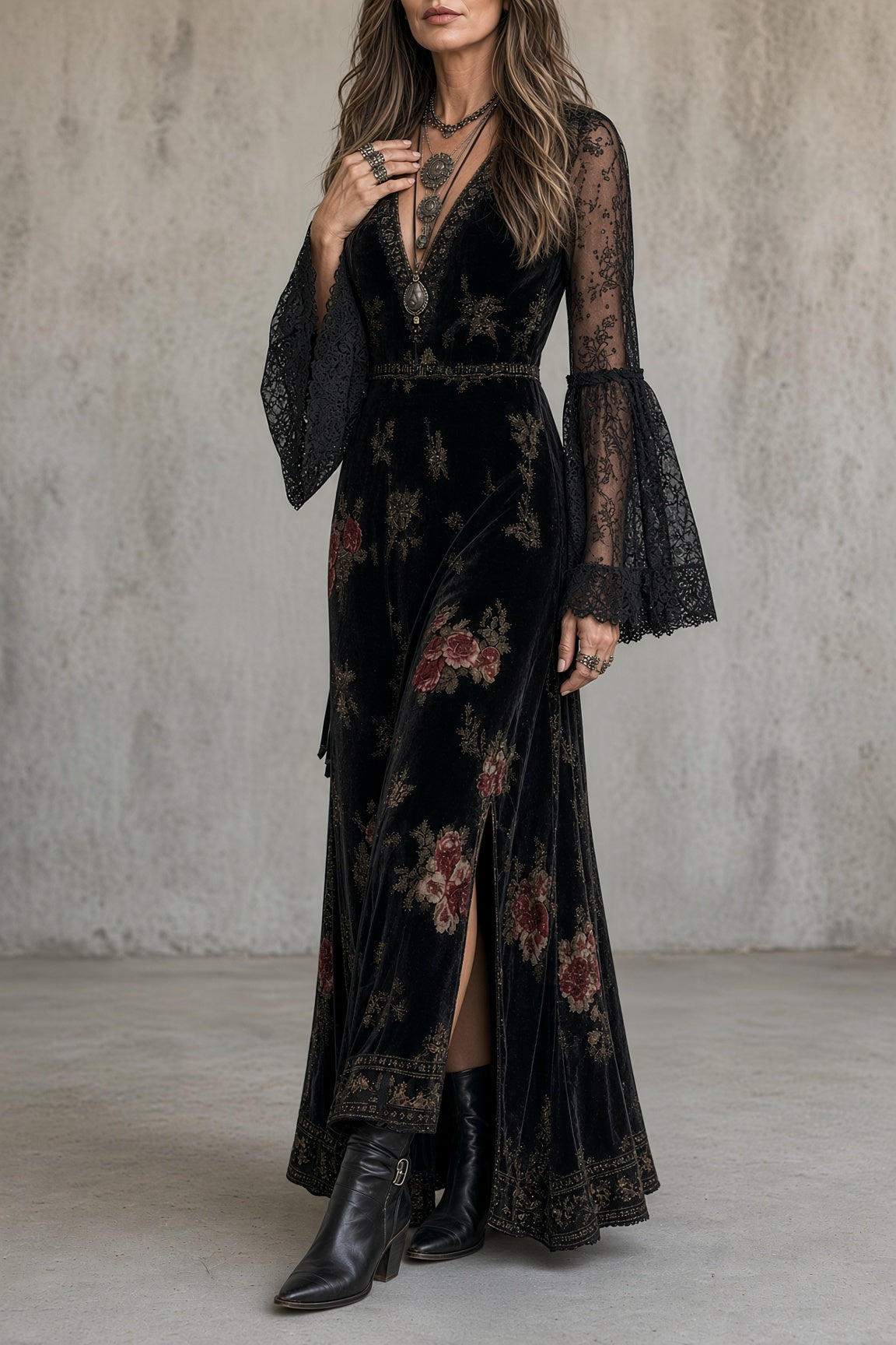 DEMETRIA | Vestido Largo de Terciopelo de Flores con Escote de Pico y Mangas de Encaje