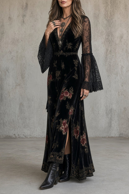 DEMETRIA | Vestido Largo de Terciopelo de Flores con Escote de Pico y Mangas de Encaje