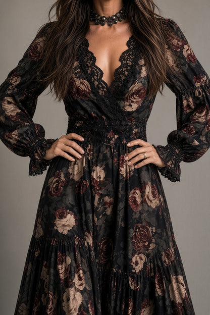 CLAUDINA | Vestido Largo Vintage de Flores con Escote Cruzado y Encaje