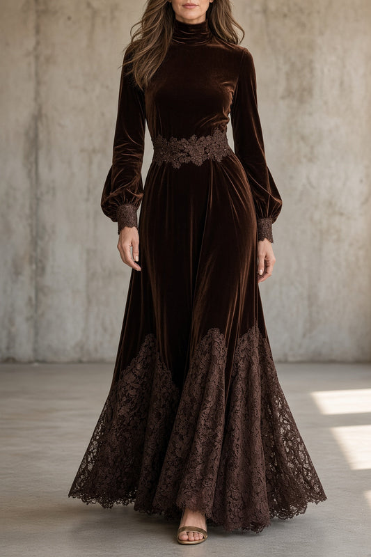 CANDELARIA | Vestido Largo de Terciopelo Marrón con Cuello Alto e Inserciones de Encaje