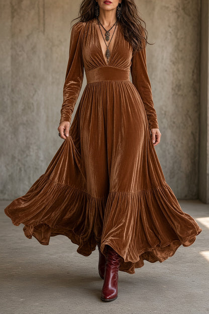 ÚRSULA | Vestido Largo de Terciopelo con Escote en V y Falda de Volante