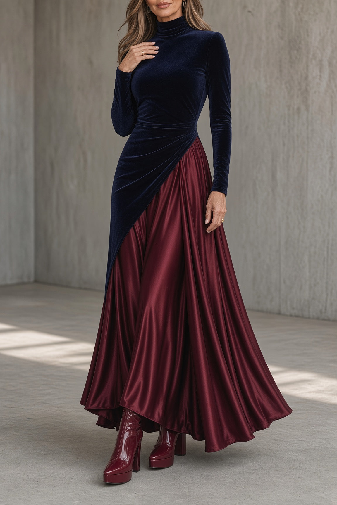 TELMA | Vestido Largo Bicolor de Terciopelo y Satén