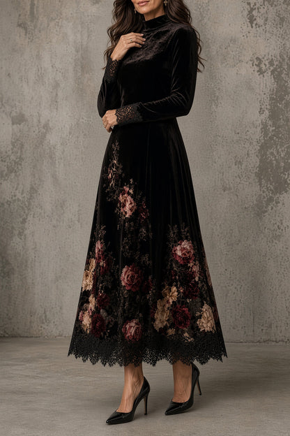 XANDRA | Vestido Largo de Terciopelo Negro con Flores y Encaje