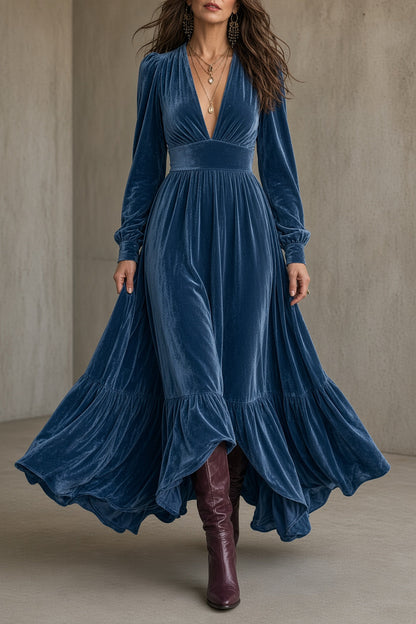 ÚRSULA | Vestido Largo de Terciopelo con Escote en V y Falda de Volante