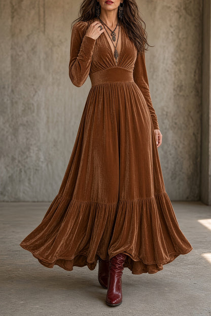 ÚRSULA | Vestido Largo de Terciopelo con Escote en V y Falda de Volante