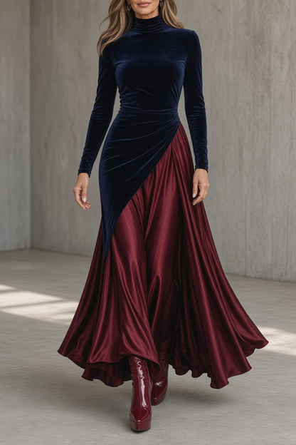 TELMA | Vestido Largo Bicolor de Terciopelo y Satén
