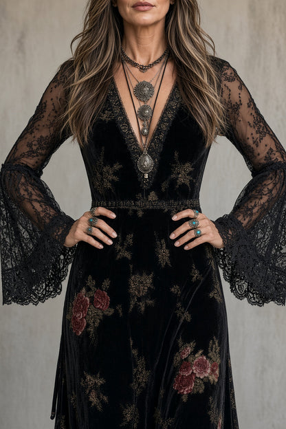 DEMETRIA | Vestido Largo de Terciopelo de Flores con Escote de Pico y Mangas de Encaje