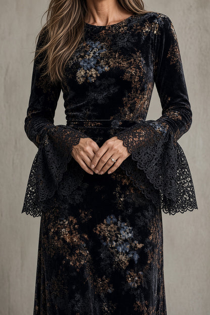 DALILA | Vestido Largo de Terciopelo de Flores con Mangas de Encaje