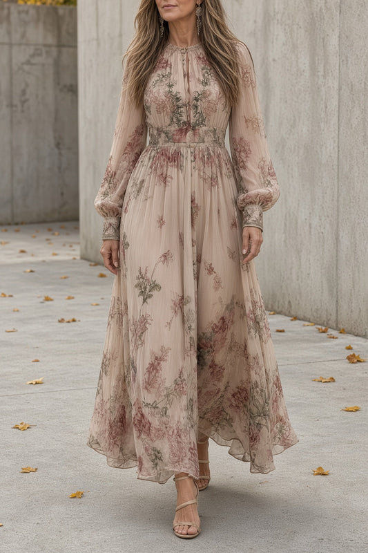CAMELIA | Vestido Largo de Flores con Escote Fruncido y Manga Larga