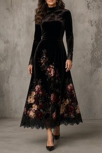 XANDRA | Vestido Largo de Terciopelo Negro con Flores y Encaje