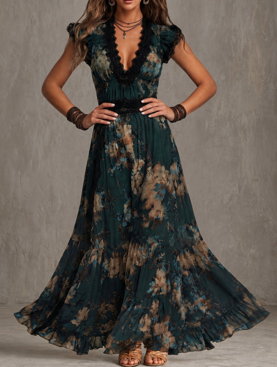 CLEMENTINA | Vestido Largo Vintage de Gasa Verde Oscuro con Encaje Floral