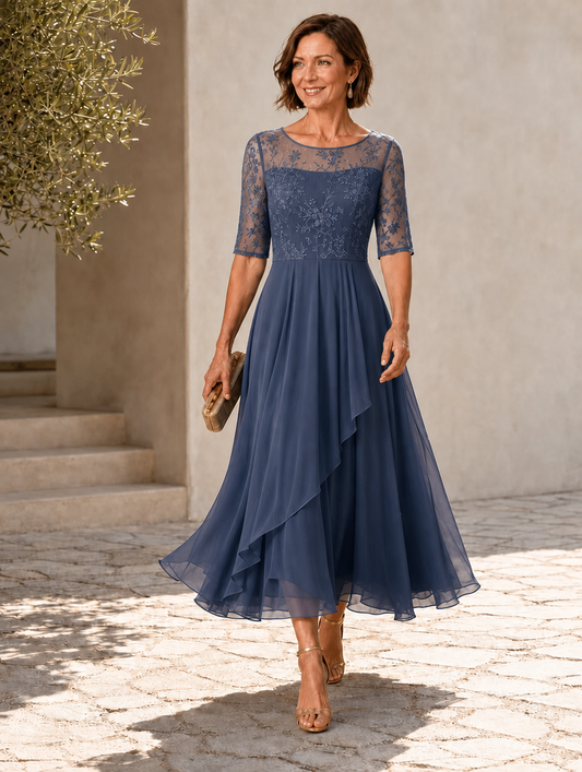 PASTORA | Vestido Midi con Cuerpo de Encaje y Falda de Gasa en Capas