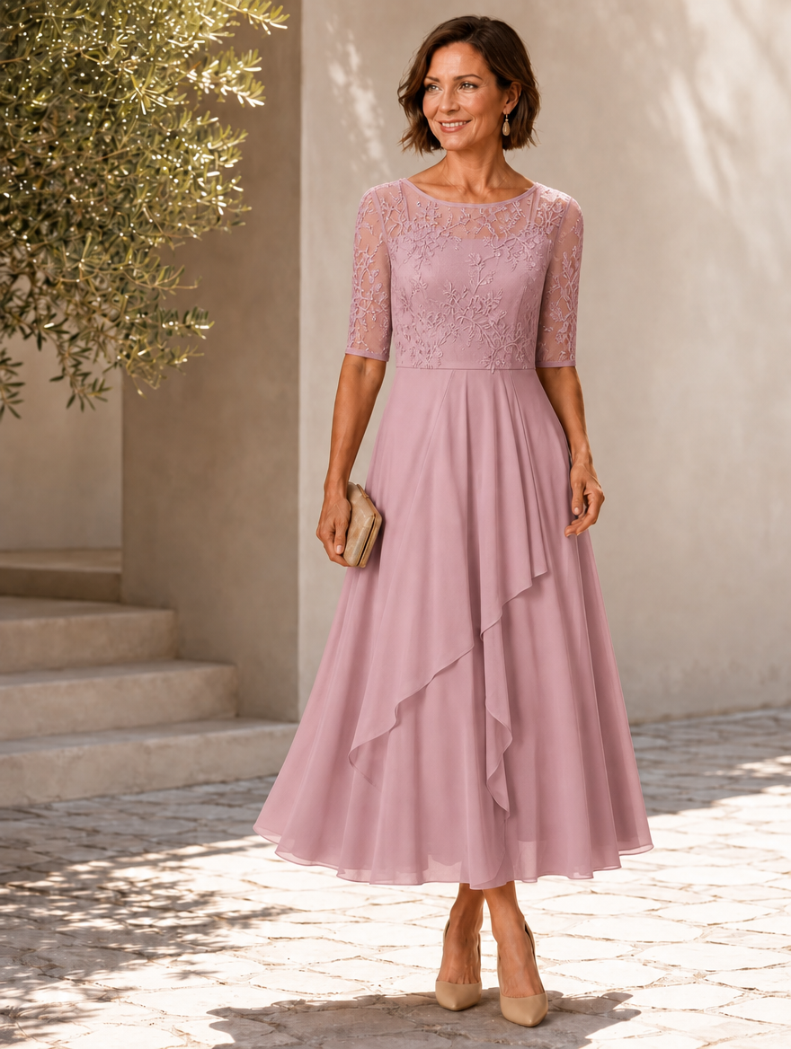 PASTORA | Vestido Midi con Cuerpo de Encaje y Falda de Gasa en Capas