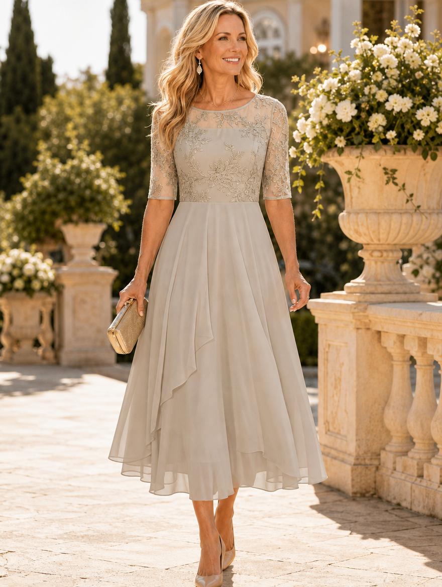 PASTORA | Vestido Midi con Cuerpo de Encaje y Falda de Gasa en Capas
