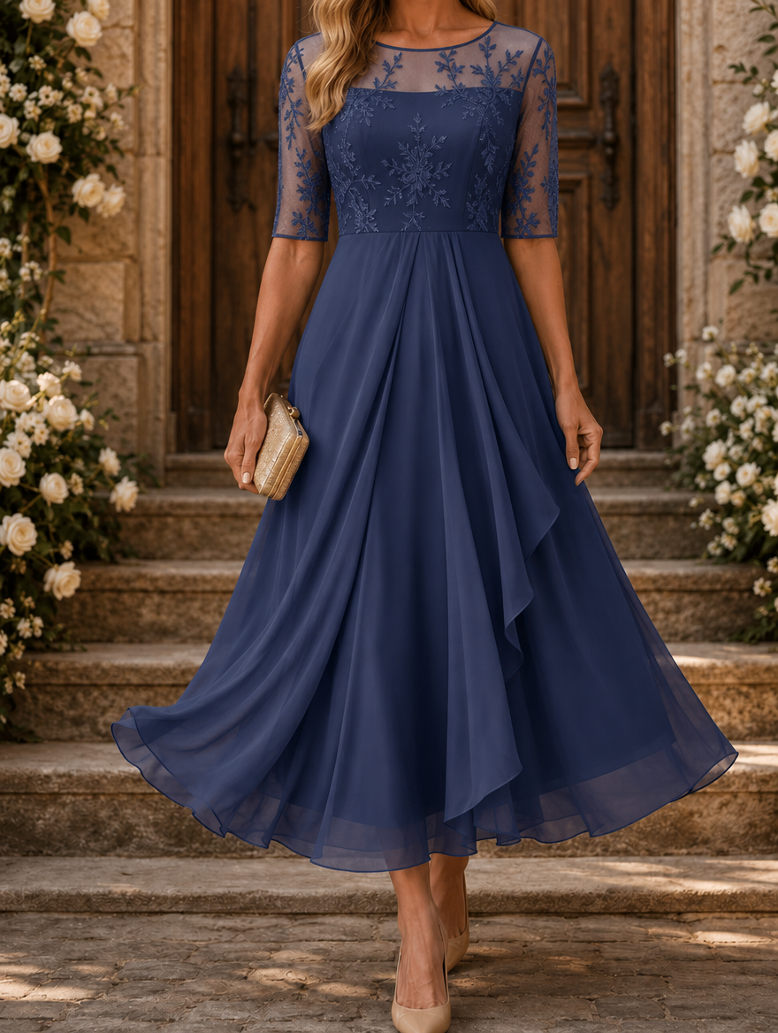 PASTORA | Vestido Midi con Cuerpo de Encaje y Falda de Gasa en Capas