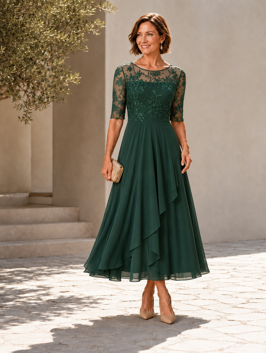 PASTORA | Vestido Midi con Cuerpo de Encaje y Falda de Gasa en Capas