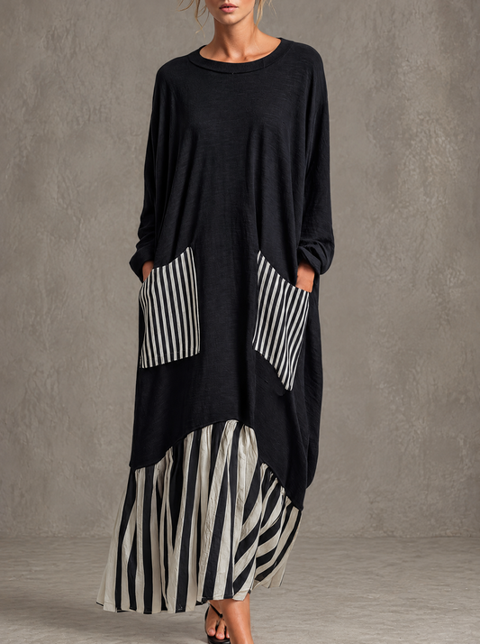 CLARISA | Vestido Largo Oversize de Algodón con Rayas Patchwork