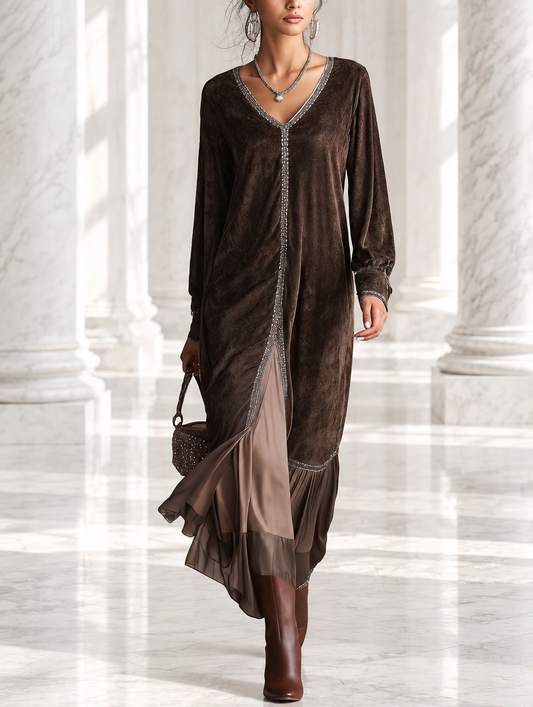 EVA | Vestido Midi Evasé de Antelina Marrón con Escote en V