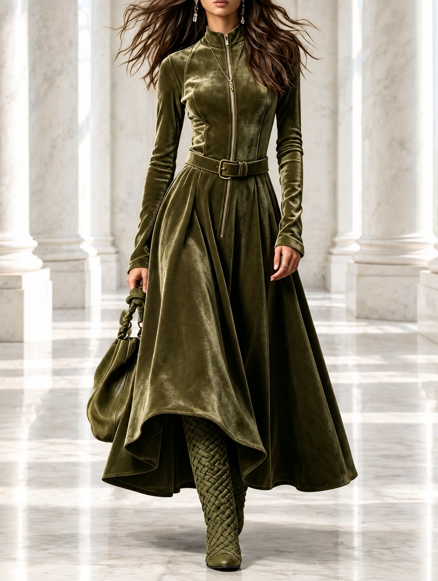 FLAVIA | Vestido Largo de Terciopelo Verde Oliva con Cremallera y Cinturón