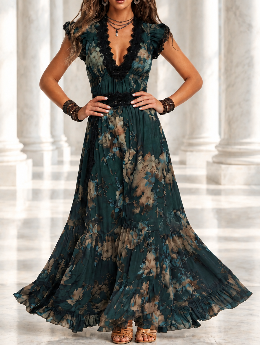 CLEMENTINA | Vestido Largo Vintage de Gasa Verde Oscuro con Encaje Floral
