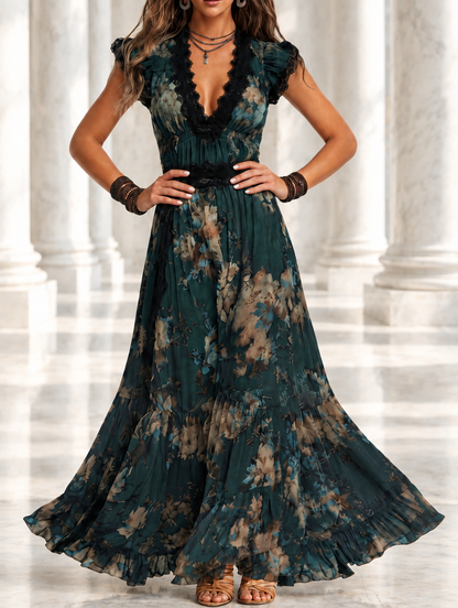 CLEMENTINA | Vestido Largo Vintage de Gasa Verde Oscuro con Encaje Floral