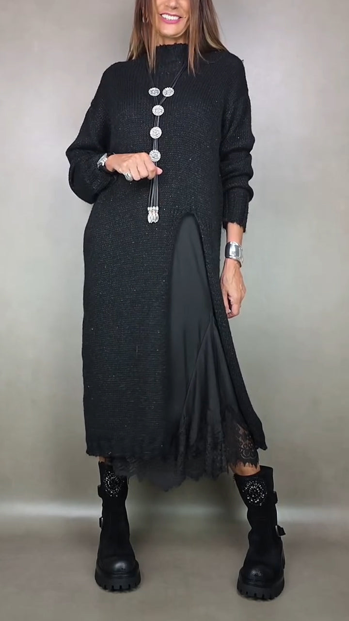 FABIOLA | Conjunto de Vestido Lencero de Encaje y Jersey Largo con Aberturas