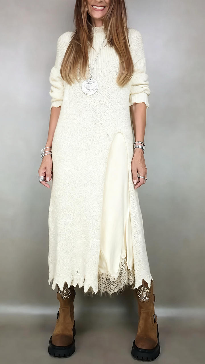 FABIOLA | Conjunto de Vestido Lencero de Encaje y Jersey Largo con Aberturas