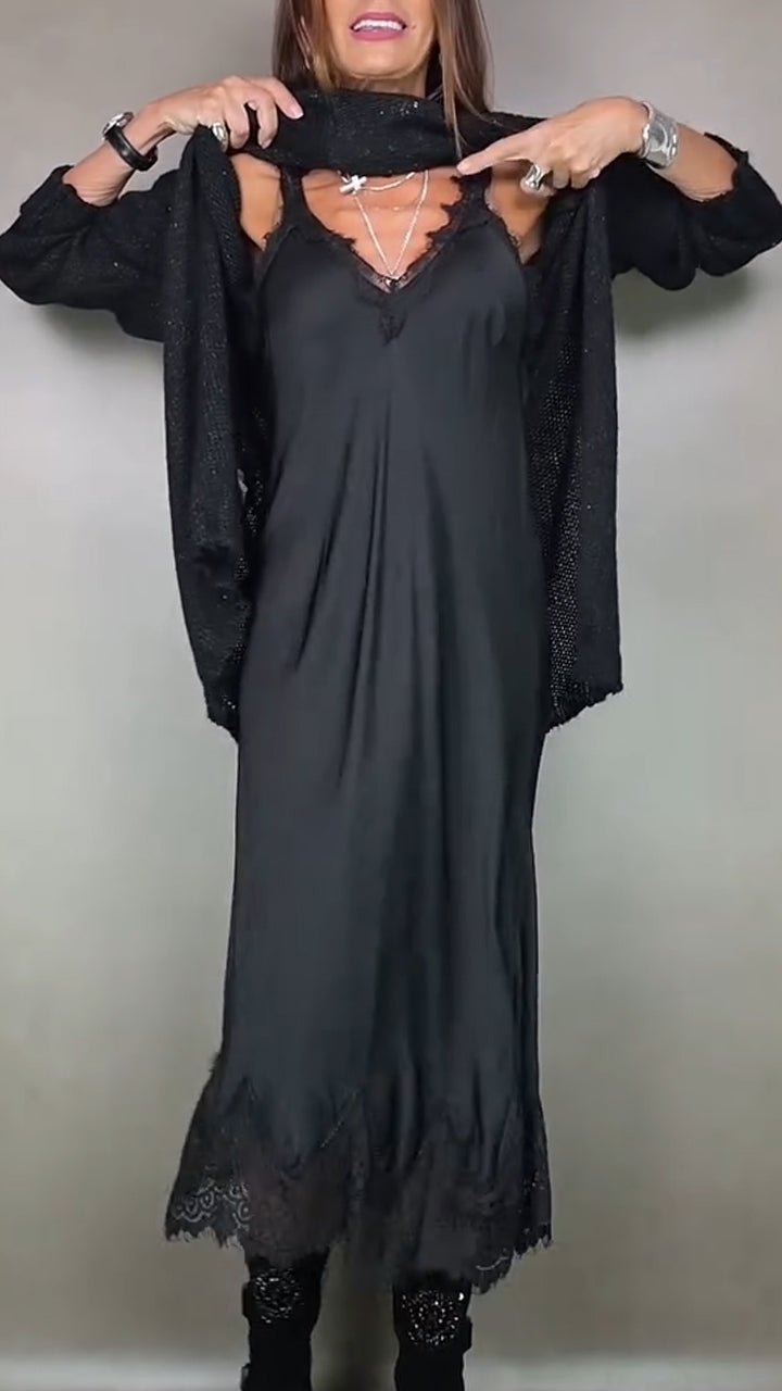 FABIOLA | Conjunto de Vestido Lencero de Encaje y Jersey Largo con Aberturas