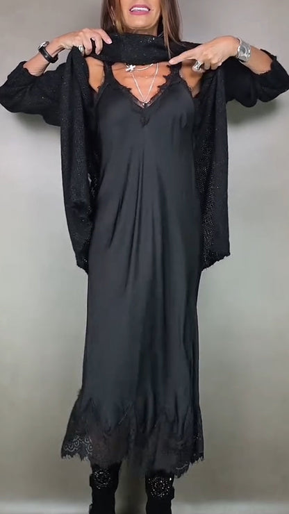 FABIOLA | Conjunto de Vestido Lencero de Encaje y Jersey Largo con Aberturas