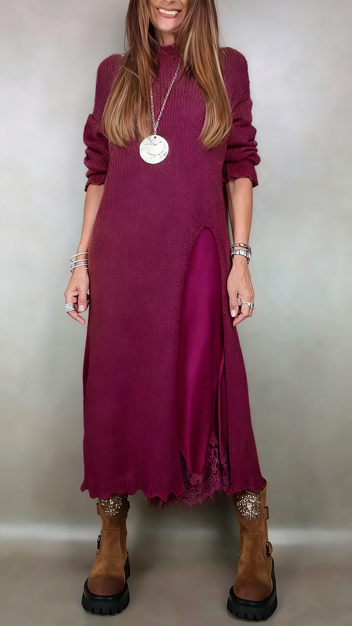FABIOLA | Conjunto de Vestido Lencero de Encaje y Jersey Largo con Aberturas